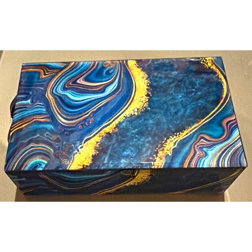 Blue Gold Abstract Pattern Rectangular Decorative Box w/ Lid
